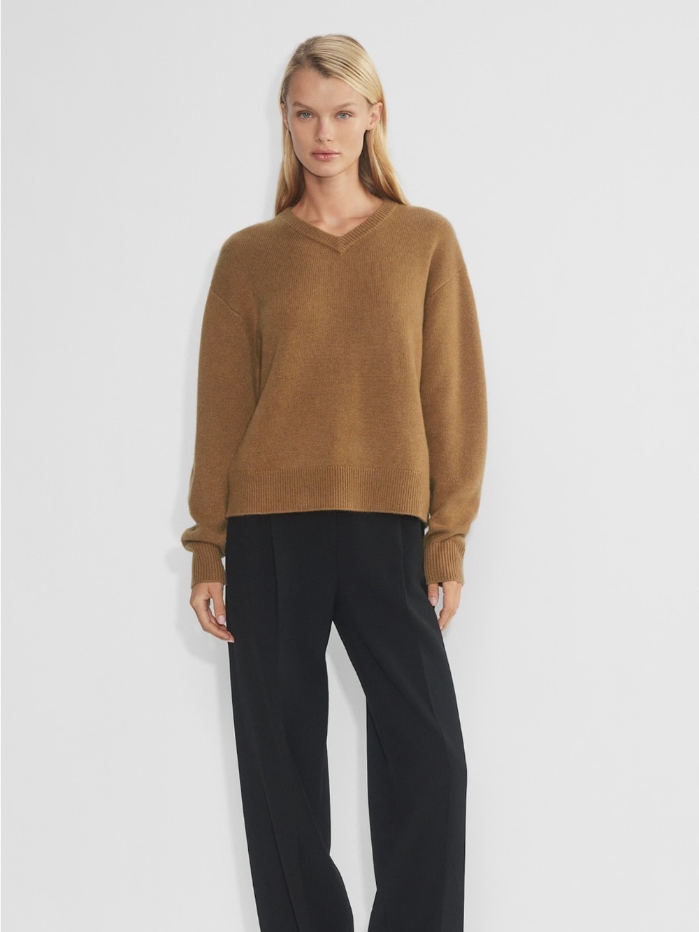 Aritzia Essential Cashmere Context Sweater V-Neck Relaxed Fit Rib Trim Tan